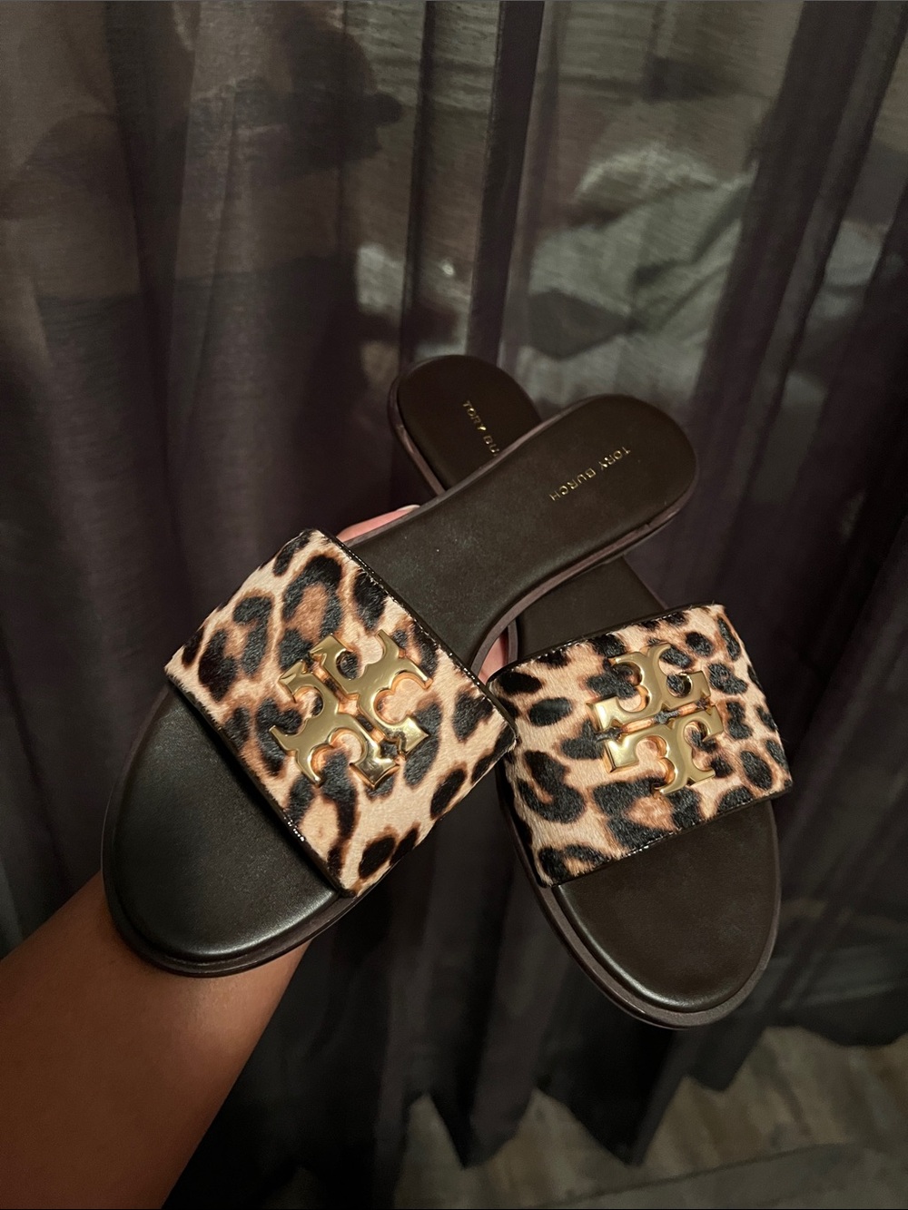 Tory Burch Leopard-Print Slide Sandals with Gold Emblem